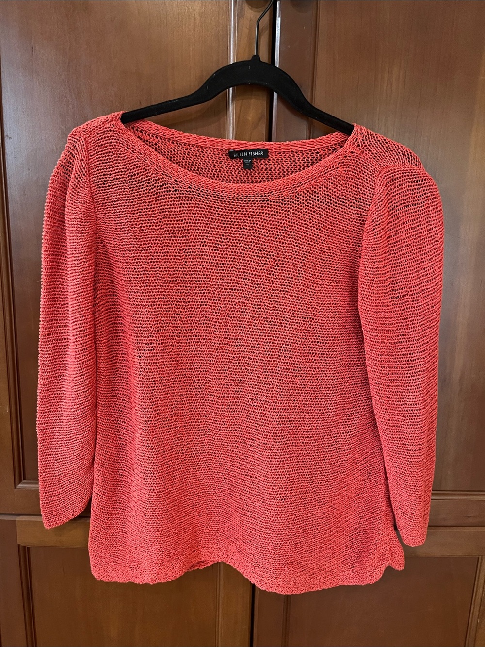 Eileen Fisher M Coral Orange Open Knit Cotton Nylon Sweater Lightweight